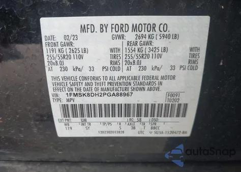 2023 Ford Explorer Xlt z USA, uszkodzony, nr VIN 1FMSK8DH2PGA88967